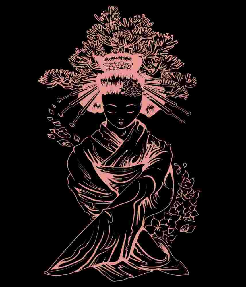 Free Download Duotone Geisha With Leaves And Flowers, Asian Art, China, Japan