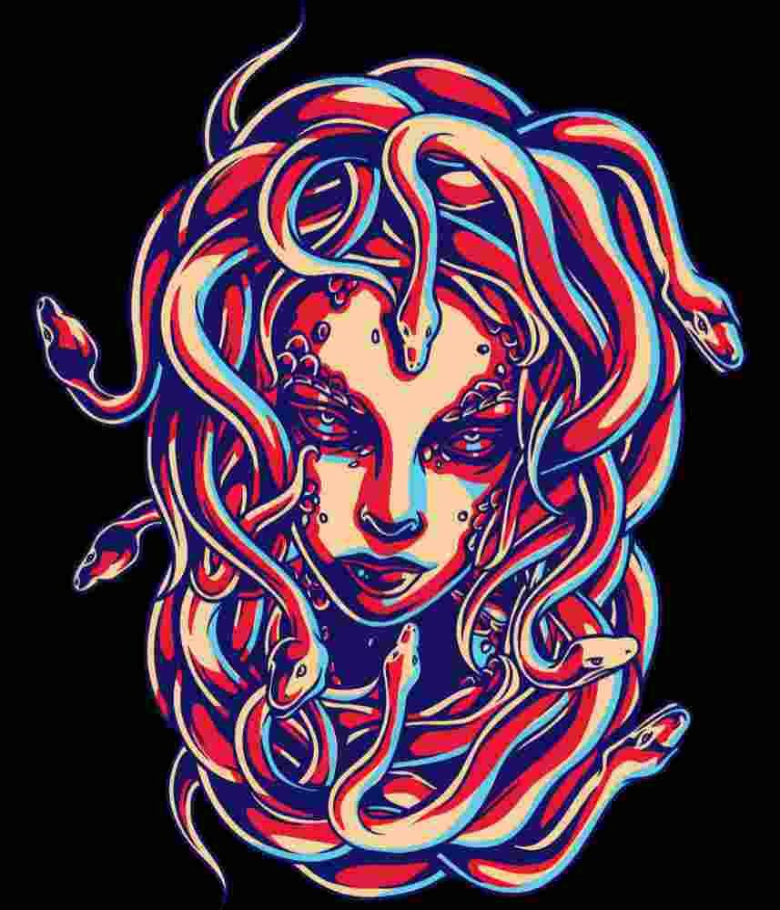 Free Download A bold, neon‑style illustration of a Medusa with strong red, blue and pale highlights creating a dramatic, glowing look.