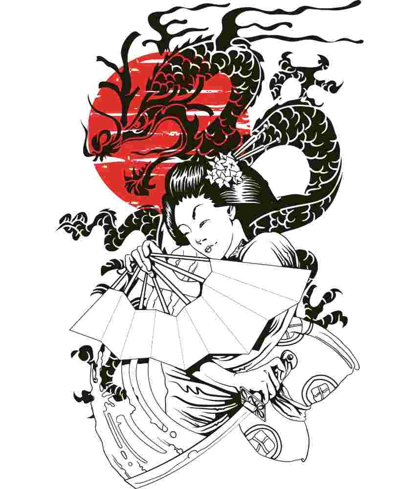 Free Download Asian Art Geisha With Fan In Front Of Dragon With Red Sun, Japan Art