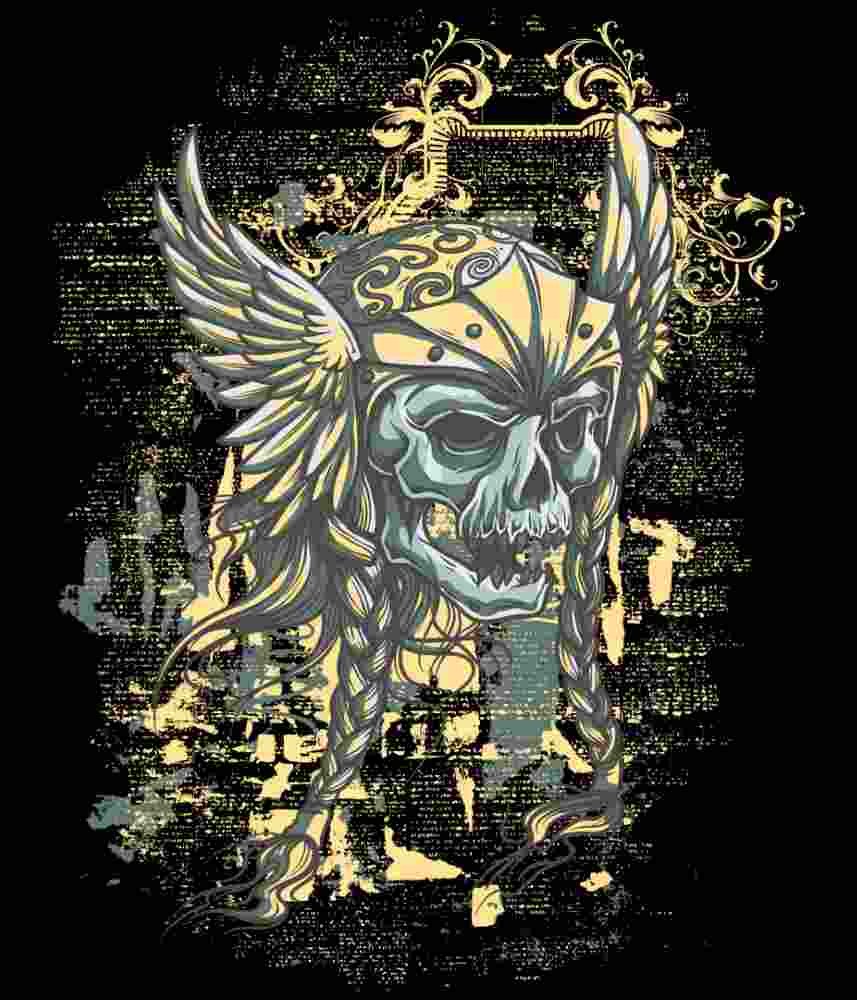 Free Download Valkyrie Skull With Gold Helmet T-shirt Graphic Design In Norse mythology, a valkyrie is one of a host of female figures who choose those who may die in battle and those who may live. Selecting among half of those who die in battle (the other half go to the goddess Freyja's afterlife field Fólkvangr), the valkyries take their chosen to the afterlife hall of the slain, Valhalla, ruled over by the god Odin.